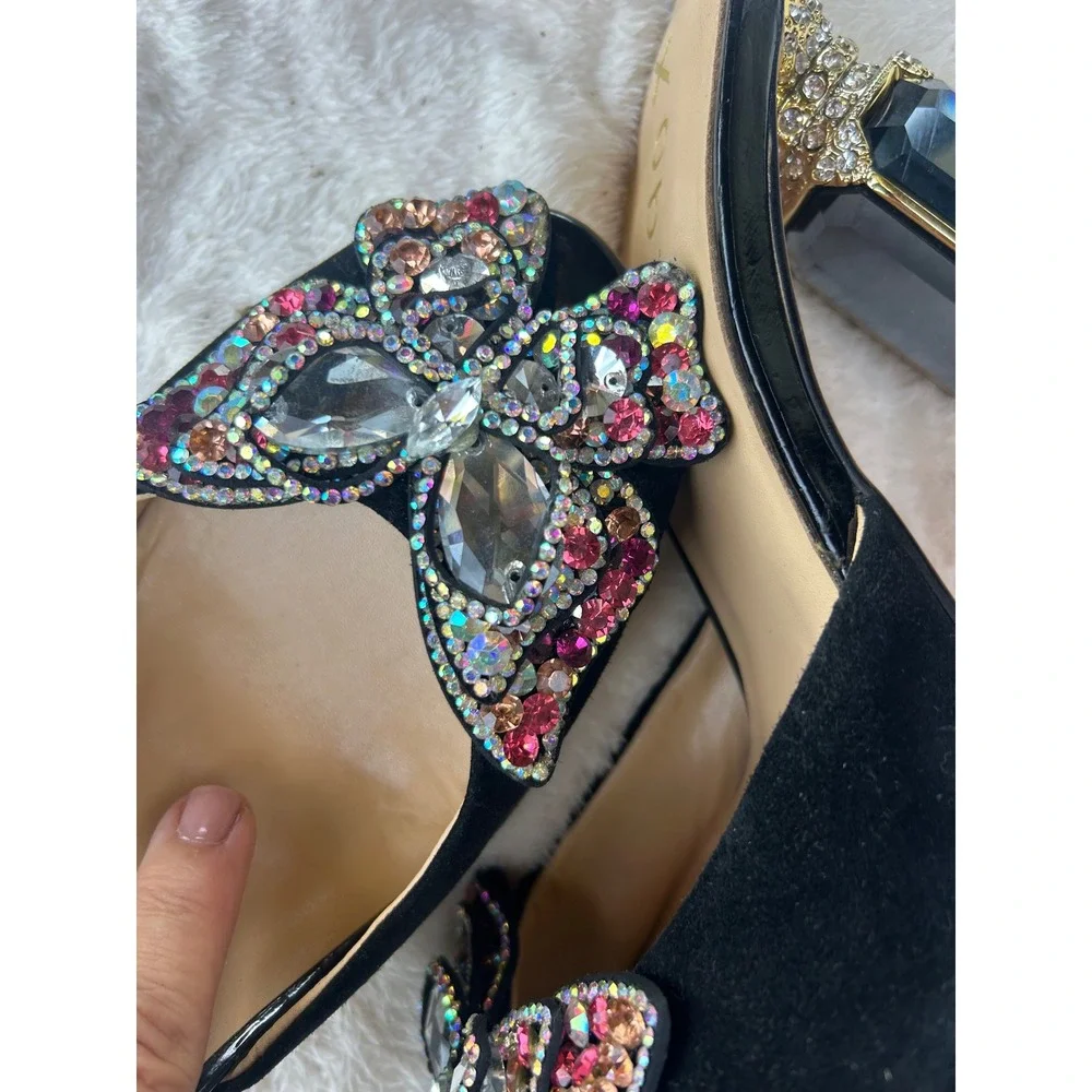 Kobzin Crystal Butterfly Mules Womens Size 11 Black Excellent Jeweled Block Heel - Picture 7 of 11